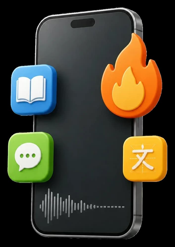 3D illustration of all-in-one language apps, a streak flame, and a fading listening waveform